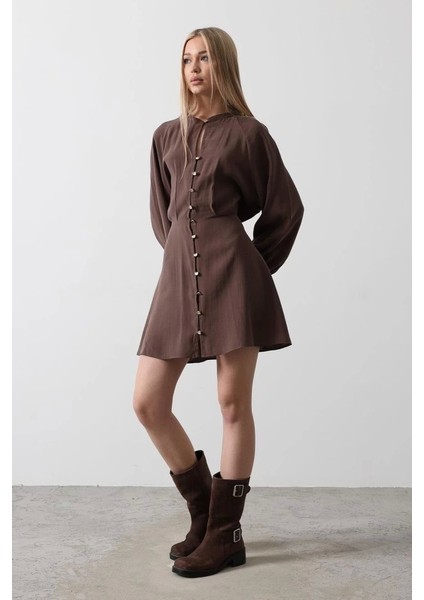 Gold Rengi Düğme Detaylı Elbise - Kahve fiyatları