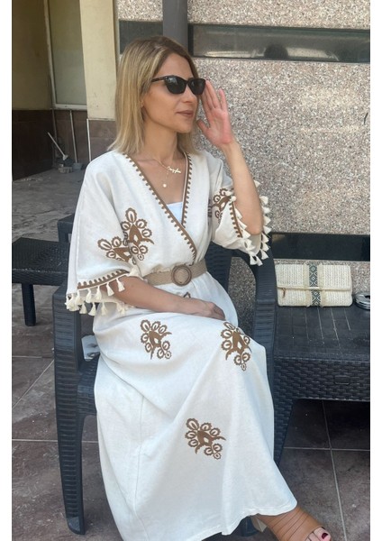 Hasır Kemerli Nakışlı Premium Keten Elbise