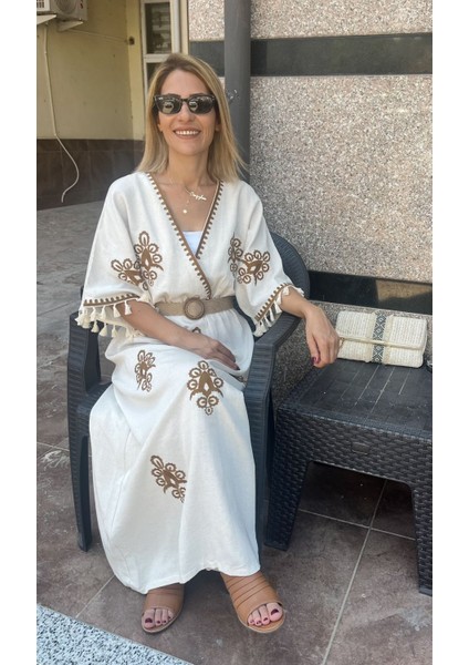 Hasır Kemerli Nakışlı Premium Keten Elbise fiyatları