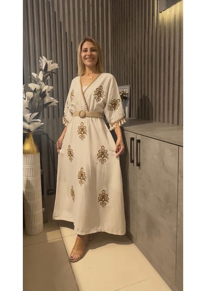 Hasır Kemerli Nakışlı Premium Keten Elbise modelleri