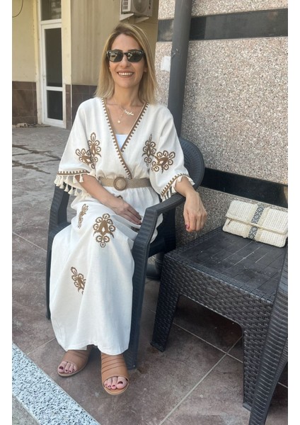 Hasır Kemerli Nakışlı Premium Keten Elbise fırsatları