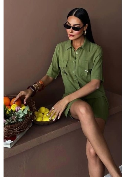 Gömlek Şort Etek Viscon Keten Takım 10162 modelleri