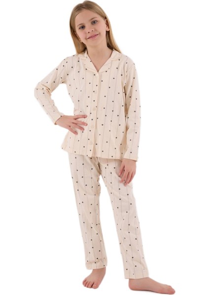 Kız Çocuk Krem Uzun Kollu Pijama Takımı 3435-G