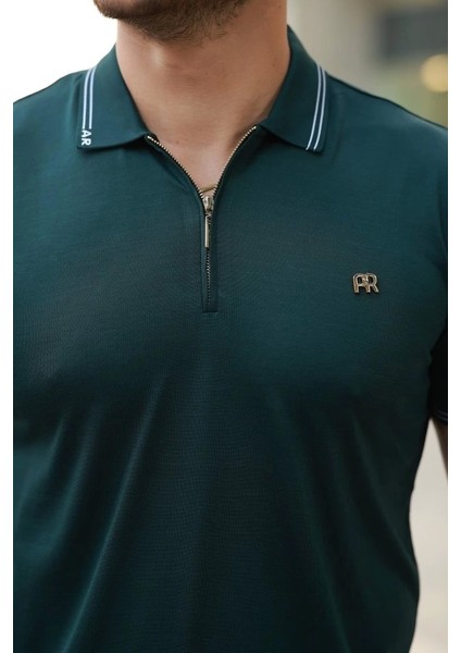 Erkek Yaka ve Kolları Çizgi Detaylı Fermuar Yakalı Kısa Kollu Tişört modelleri