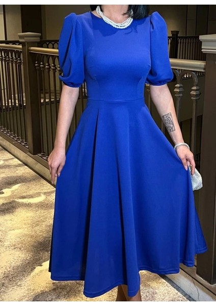 Kadın Bisiklet Yaka Kısa Kol Lastik Detay Uzun Elbise