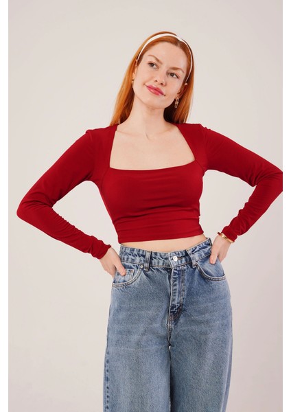 Kare Yaka Basic Bordo Bluz