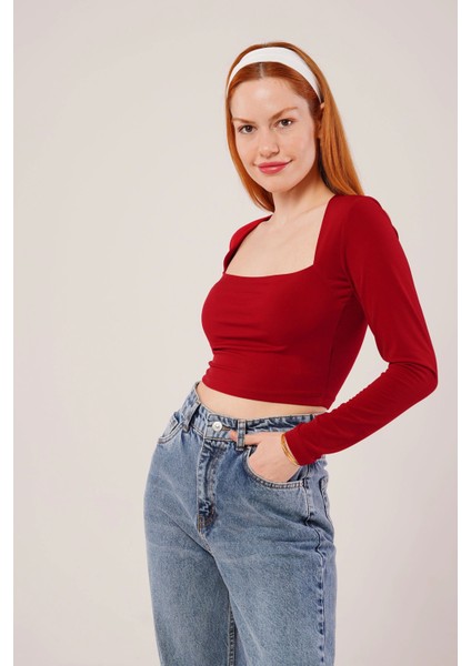 Kare Yaka Basic Bordo Bluz fırsatları