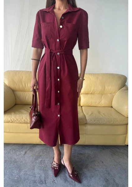 Tencel Önden Düğmeli Kısa Kol Elbise - Bordo fiyatları