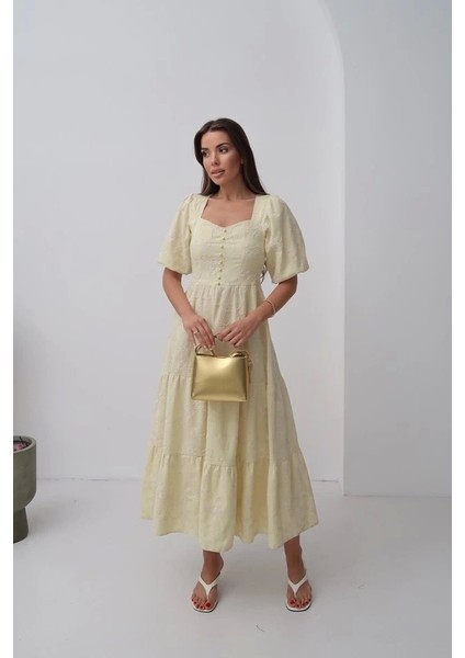 Sarı Süs Düğmeli Balon Kollu Elbise fiyatları