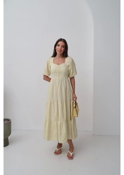 Sarı Süs Düğmeli Balon Kollu Elbise modelleri
