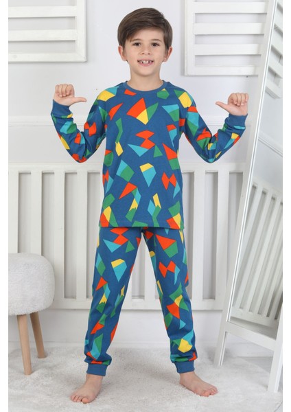 Renkli Geometrik Şekilli Erkek Çocuk Pijama Takımı