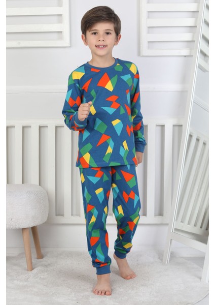 Renkli Geometrik Şekilli Erkek Çocuk Pijama Takımı modelleri