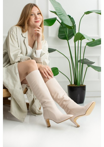 Günlük Kadın Yüksek Ince Topuklu Kaymaz Taban Küt Burunlu Polar Astarlı Fermuarsız Çizme 223