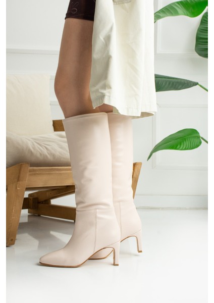 Günlük Kadın Yüksek Ince Topuklu Kaymaz Taban Küt Burunlu Polar Astarlı Fermuarsız Çizme 223 modelleri