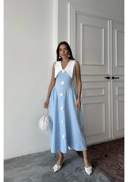Mavi Gül Detaylı Atlas Elbise fiyatları