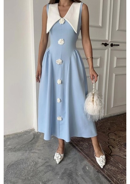 Mavi Gül Detaylı Atlas Elbise fırsatları