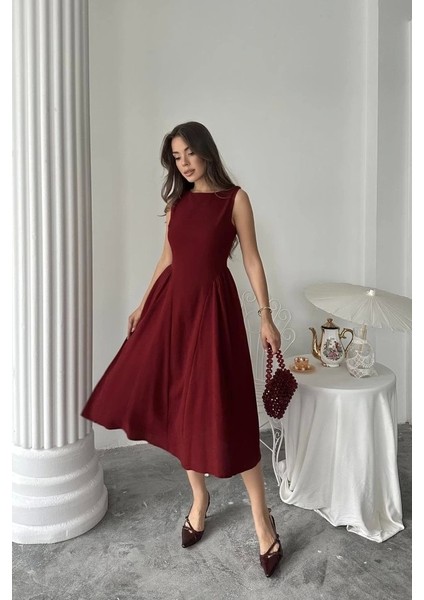 Bordo Yanları Büzgülü Midi Boy Keten Elbise