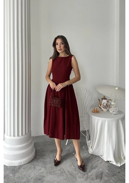 Bordo Yanları Büzgülü Midi Boy Keten Elbise fiyatları