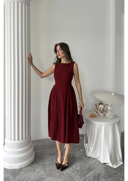 Bordo Yanları Büzgülü Midi Boy Keten Elbise modelleri