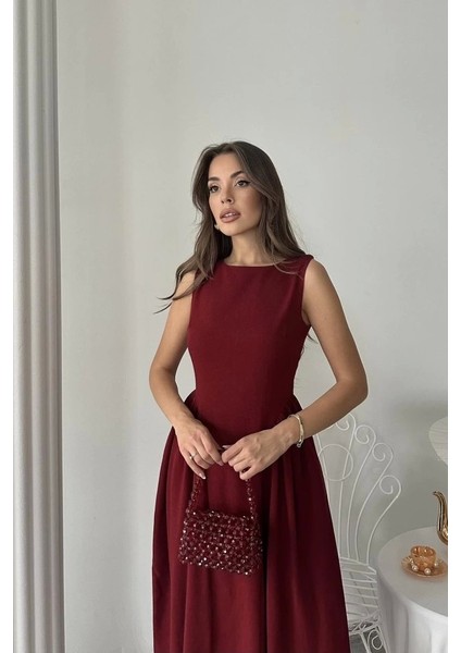 Bordo Yanları Büzgülü Midi Boy Keten Elbise fırsatları