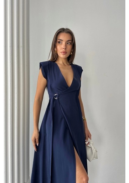 Kruvaze Vatkalı Kolsuz Elbise Modal Kumaş - Lacivert
