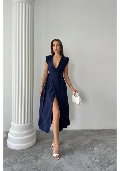Kruvaze Vatkalı Kolsuz Elbise Modal Kumaş - Lacivert fırsatları