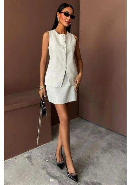 Uzun Yelek Mini Etek Flamlı Keten Takım 10148