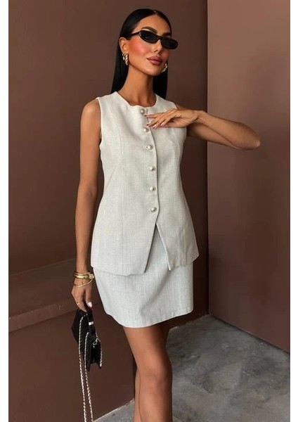 Uzun Yelek Mini Etek Flamlı Keten Takım 10148 modelleri