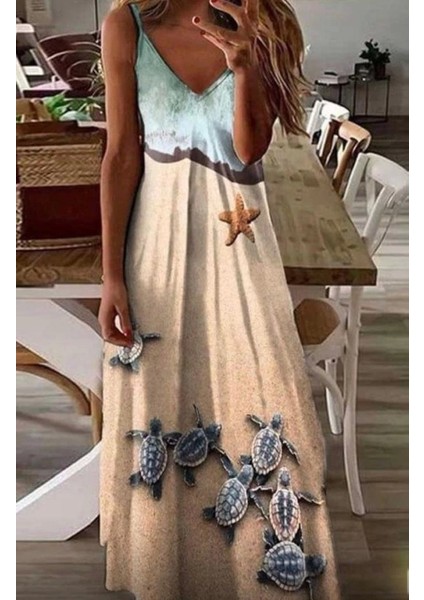 Kadın Süprem Kumaş Dijital Baskılı Askılı Elbise