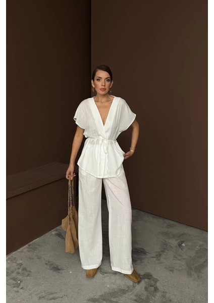 Keten V Yaka Belden Bağlamalı Bluz-Pantolon Takım - Beyaz fiyatları