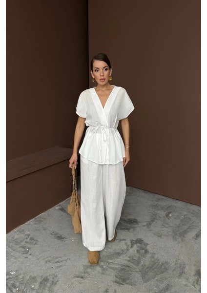 Keten V Yaka Belden Bağlamalı Bluz-Pantolon Takım - Beyaz modelleri