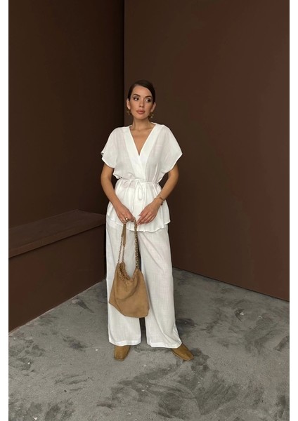 Keten V Yaka Belden Bağlamalı Bluz-Pantolon Takım - Beyaz fırsatları