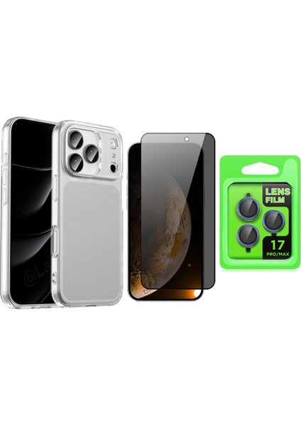 iPhone 17 Pro Max Uyumlu Kılıf Vendas Şeffaf Silikon Kapak + Hayalet Ekran Koruyucu + Kamera Lens Koruyucu