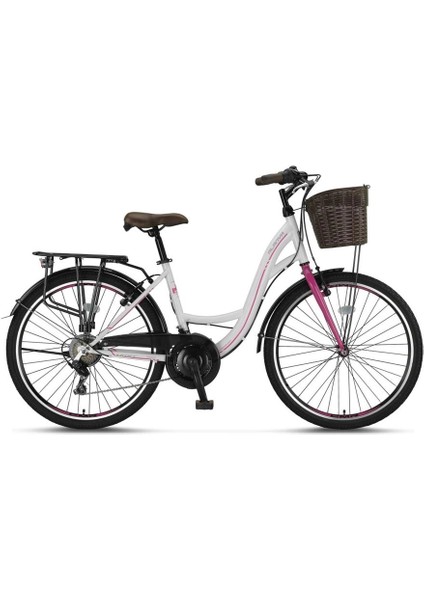 2610 Alanya Sepetli Kadın Şehir Bisikleti V 26 Jant 21 Vites Beyaz Pembe