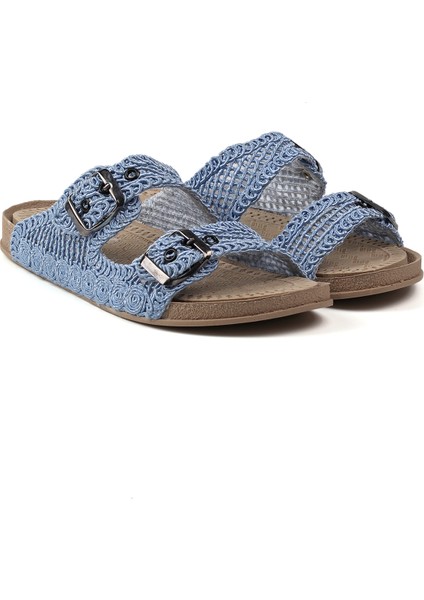 Kadın Mavi Hasır Terlik Örgü Dantel Nakış Işlemeli Triko Yazlık Tatil Ev Günlük Terlik