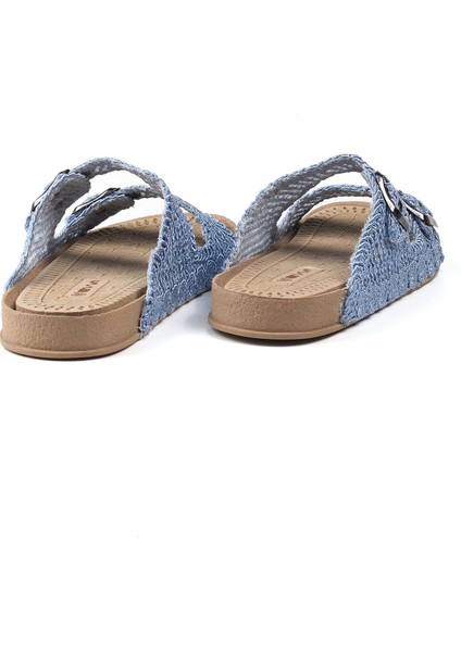 Kadın Mavi Hasır Terlik Örgü Dantel Nakış Işlemeli Triko Yazlık Tatil Ev Günlük Terlik fiyatları