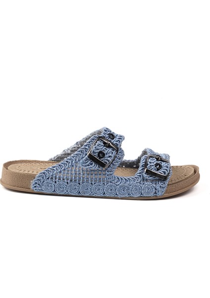 Kadın Mavi Hasır Terlik Örgü Dantel Nakış Işlemeli Triko Yazlık Tatil Ev Günlük Terlik modelleri