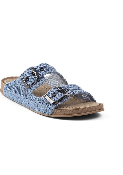 Kadın Mavi Hasır Terlik Örgü Dantel Nakış Işlemeli Triko Yazlık Tatil Ev Günlük Terlik fırsatları