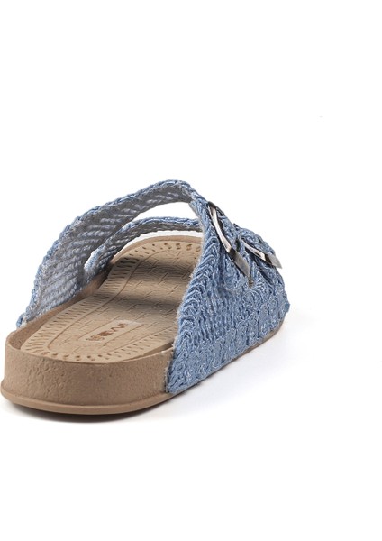 Kadın Mavi Hasır Terlik Örgü Dantel Nakış Işlemeli Triko Yazlık Tatil Ev Günlük Terlik indirimleri
