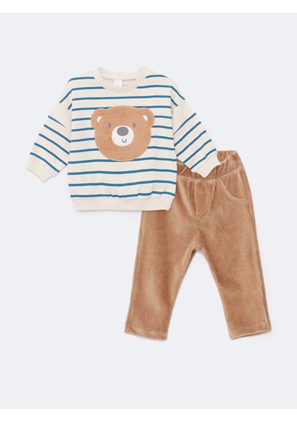 Lcw Baby Ekru Nakışlı Erkek Bebek Sweatshirt ve Pantolon 2'li