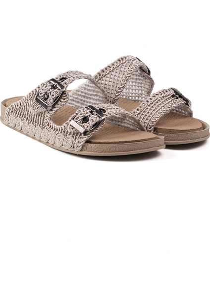 Kadın Bej Hasır Terlik Örgü Dantel Nakış Işlemeli Triko Yazlık Tatil Ev Günlük Terlik