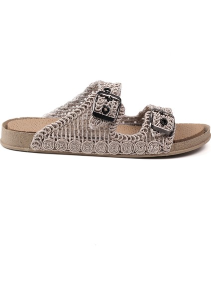 Kadın Bej Hasır Terlik Örgü Dantel Nakış Işlemeli Triko Yazlık Tatil Ev Günlük Terlik modelleri