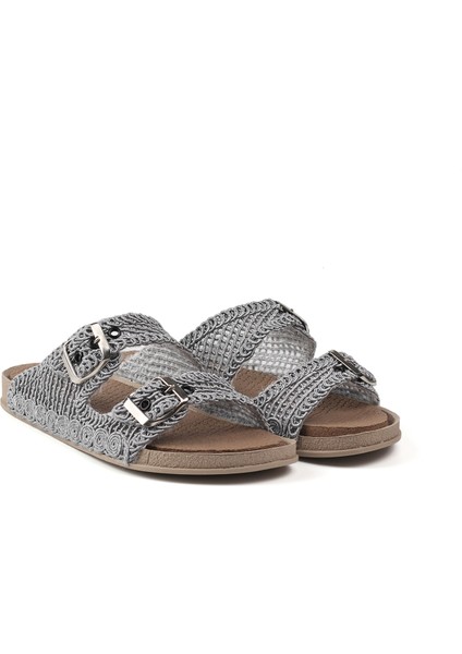 Kadın Gri Hasır Terlik Örgü Dantel Nakış Işlemeli Triko Yazlık Tatil Ev Günlük Terlik