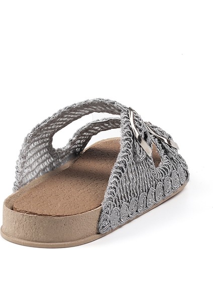 Kadın Gri Hasır Terlik Örgü Dantel Nakış Işlemeli Triko Yazlık Tatil Ev Günlük Terlik indirimleri