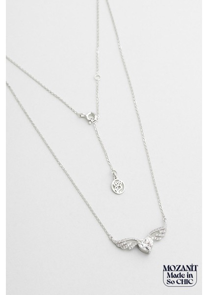 Mozanit Meleği 18 Ayar Beyaz Altın Kaplama 46 cm Gümüş Kalp Kolye