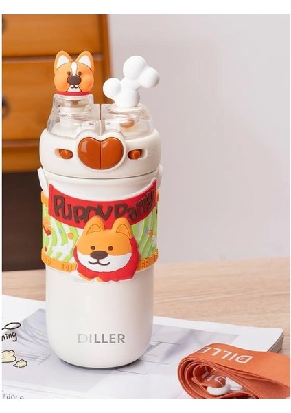Vagonlife Dıller Paslanmaz Çelik Pipetli/pipetsiz Kullanım Çift Kapaklı Matara/termos D9239 520ML Sevimli Köpek