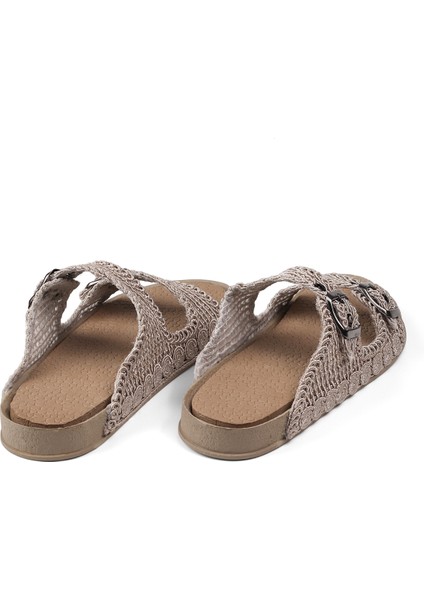 Kadın Bej Hasır Terlik Örgü Dantel Nakış Işlemeli Triko Yazlık Tatil Ev Günlük Terlik fiyatları