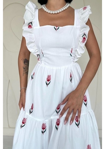 Kırmızı Sıfır Kol Fırfırlı Elbise modelleri