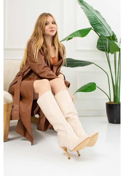 Günlük Kadın Sivri Burun Kaymaz Taban Ince Yüksek Topuklu Polar Astarlı Fermuarsız Çizme 229