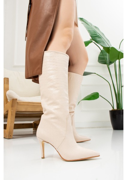 Günlük Kadın Sivri Burun Kaymaz Taban Ince Yüksek Topuklu Polar Astarlı Fermuarsız Çizme 229 modelleri